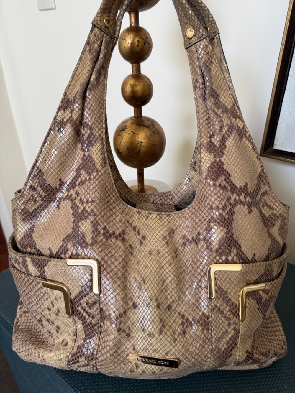 Michael Kors Fulton Python Snakeskin Embossed Leather Shoulder Bag Purse Hobo